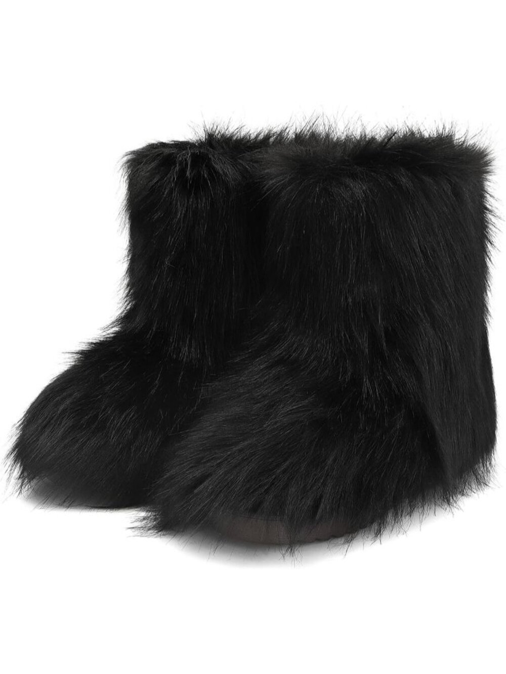 Women's Black Snow Furry Fluffy Comfortable Platform Flat Ankle Mini Boot